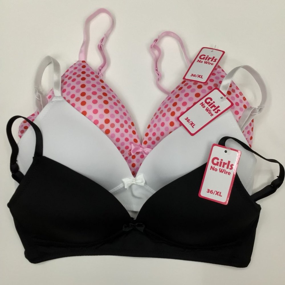 GIRLS 3-PACK NWT BRAS 36/XL NO WIRE LIGHTLY PADDED. 1-Black, 1-White, 1- Pink po
